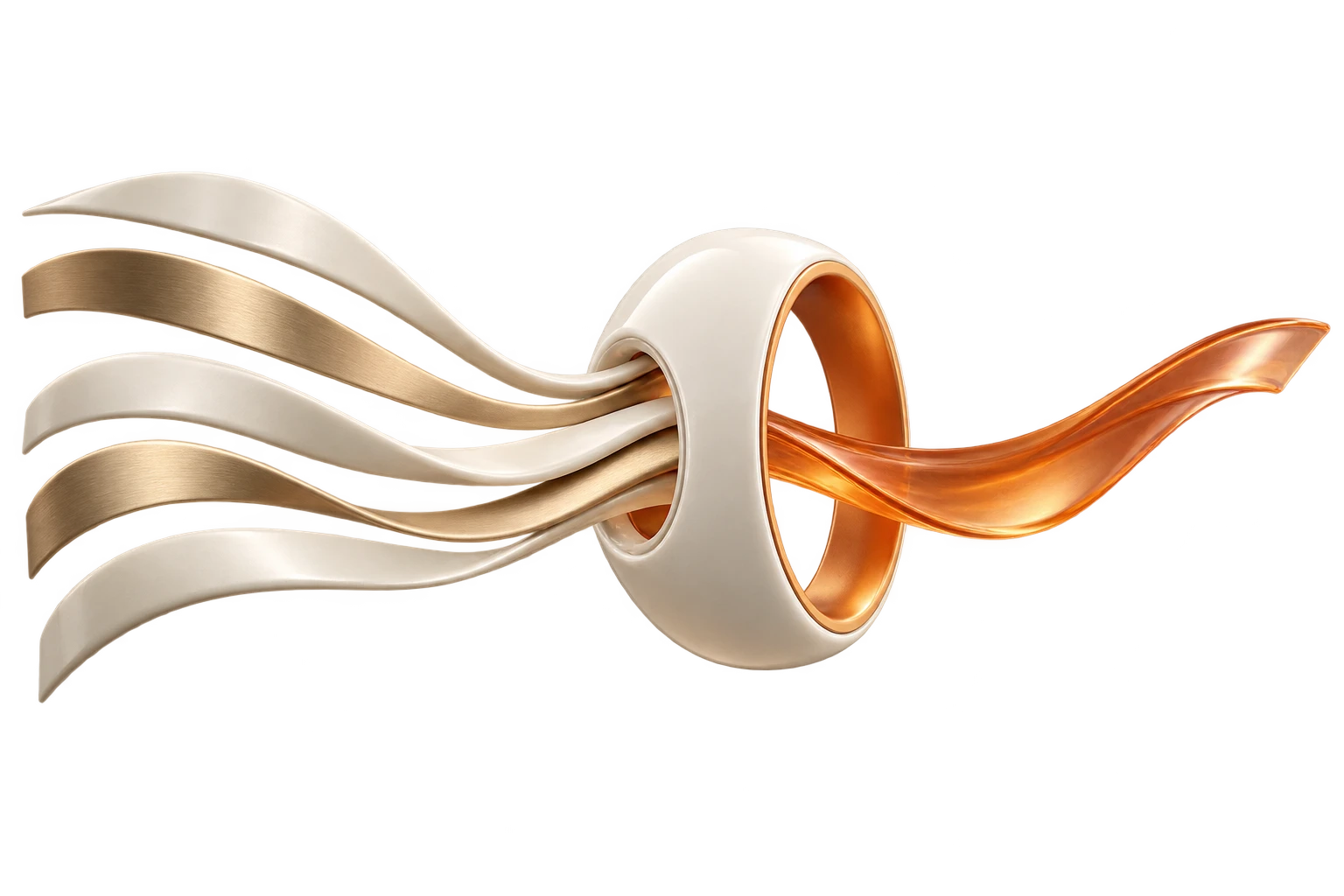 Sculptural ivory and metal pathways merge into one warm orange routing core